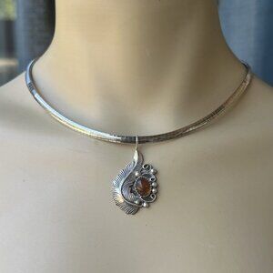VTG Navajo Sterling Silver Amber Gemstone Pendant‎ 16" Necklace Signed JK 23.6g